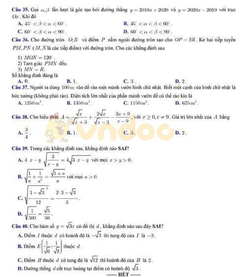 Đề thi khảo sát chất lượng lớp 9 môn Toán Sở GD&ĐT Bắc Ninh năm học 2019 - 2020