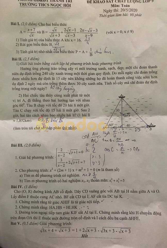 Đề thi KSCL lớp 9 môn Toán Trường THCS Ngọc Hồi, Thanh Trì năm học 2019 - 2020