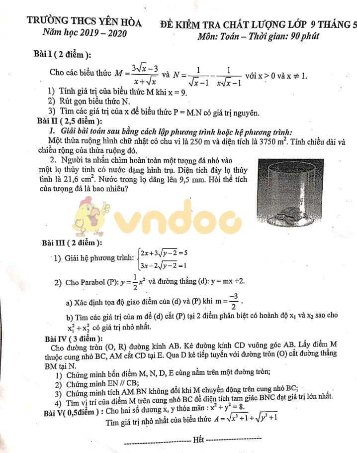 Đề thi KSCL lớp 9 môn Toán Trường THCS Yên Hòa, Cầu Giấy năm học 2019 - 2020