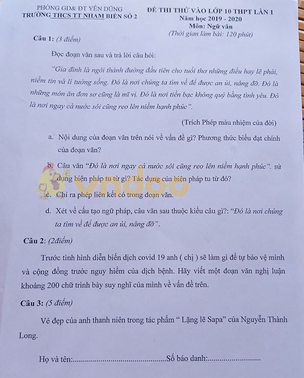Đề thi thử vào lớp 10 môn Ngữ văn Trường THCS TT Nham Biền số 2, Bắc Giang năm học 2020 - 2021