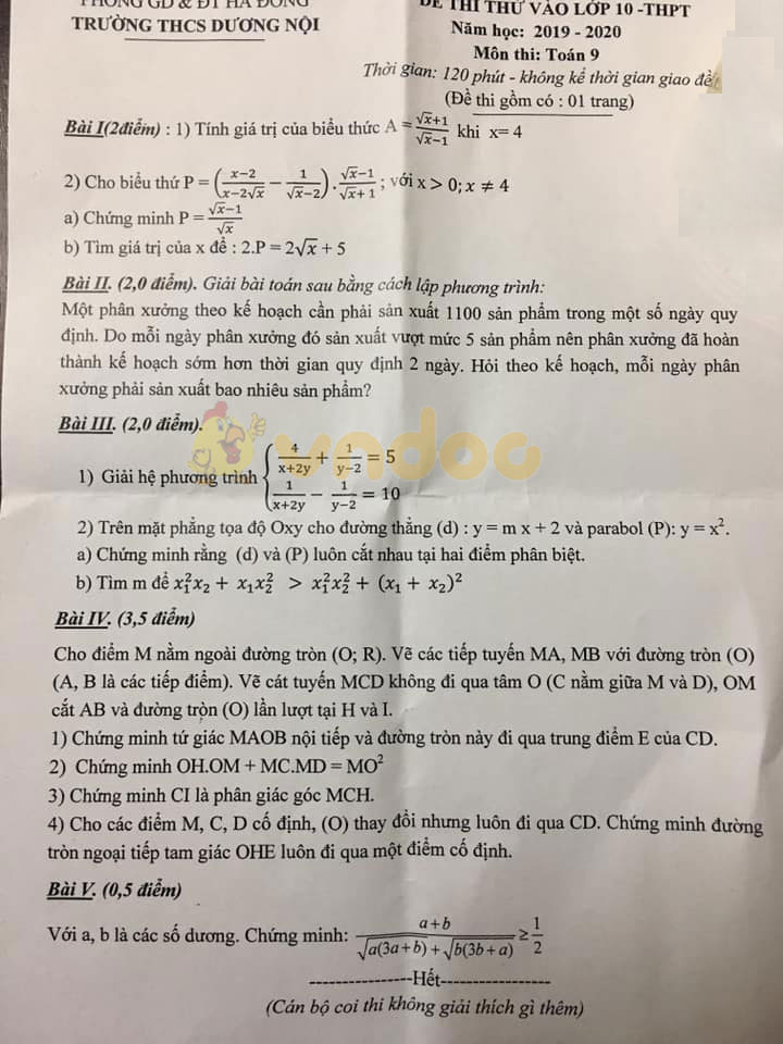 Đề thi thử vào lớp 10 môn Toán trường THCS Dương Nội, Hà Đông năm học 2019 - 2020