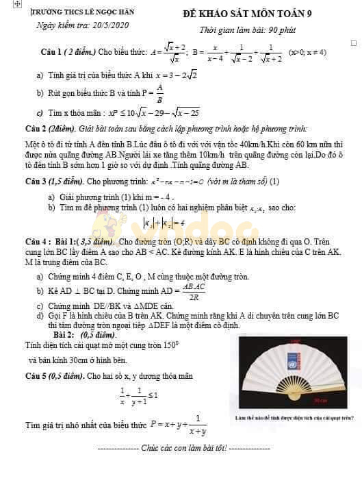 Đề thi khảo sát lớp 9 môn Toán Trường THCS Lê Ngọc Hân, Hà Nội năm học 2019 - 2020