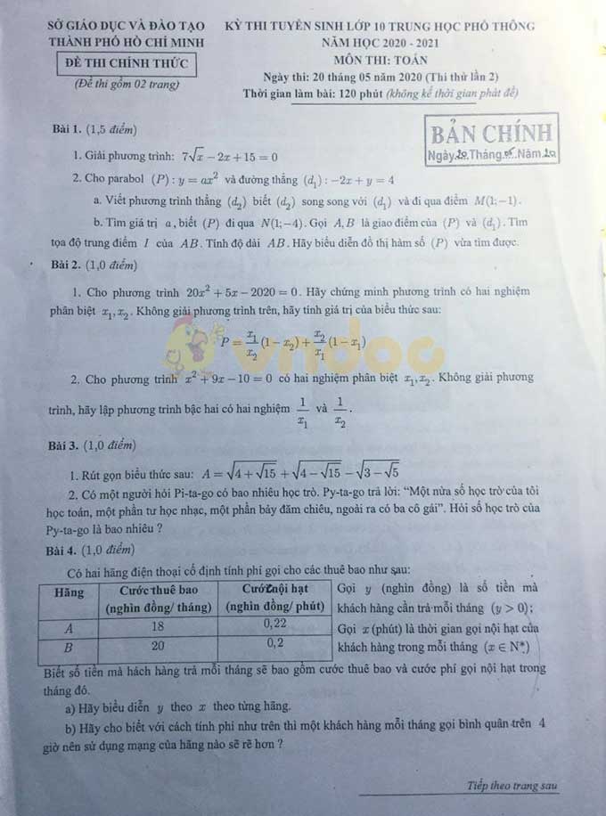 Đề thi thử vào lớp 10 môn Toán Sở GD&ĐT Thành Phố Hồ Chí Minh năm học 2020 - 2021 - lần 2