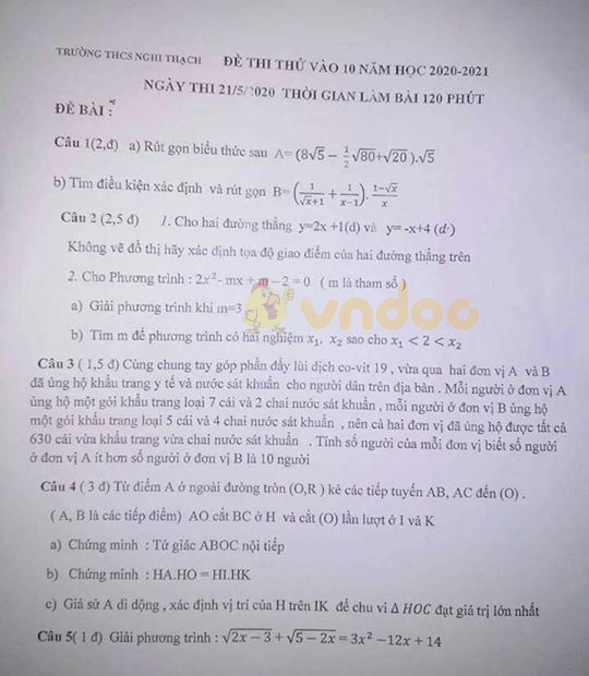 Đề thi thử vào lớp 10 môn Toán Trường THCS Nghi Thạch năm học 2020 - 2021