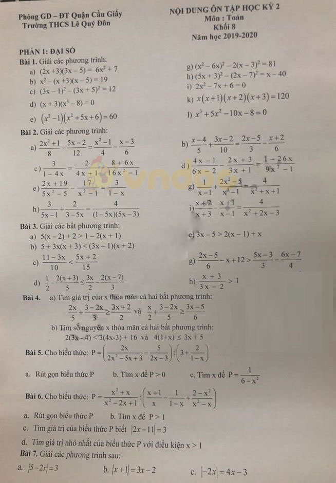 Đề cương ôn tập học kì 2 lớp 8 môn Toán trường THCS Lê Quý Đôn, Cầu Giấy năm học 2019 - 2020