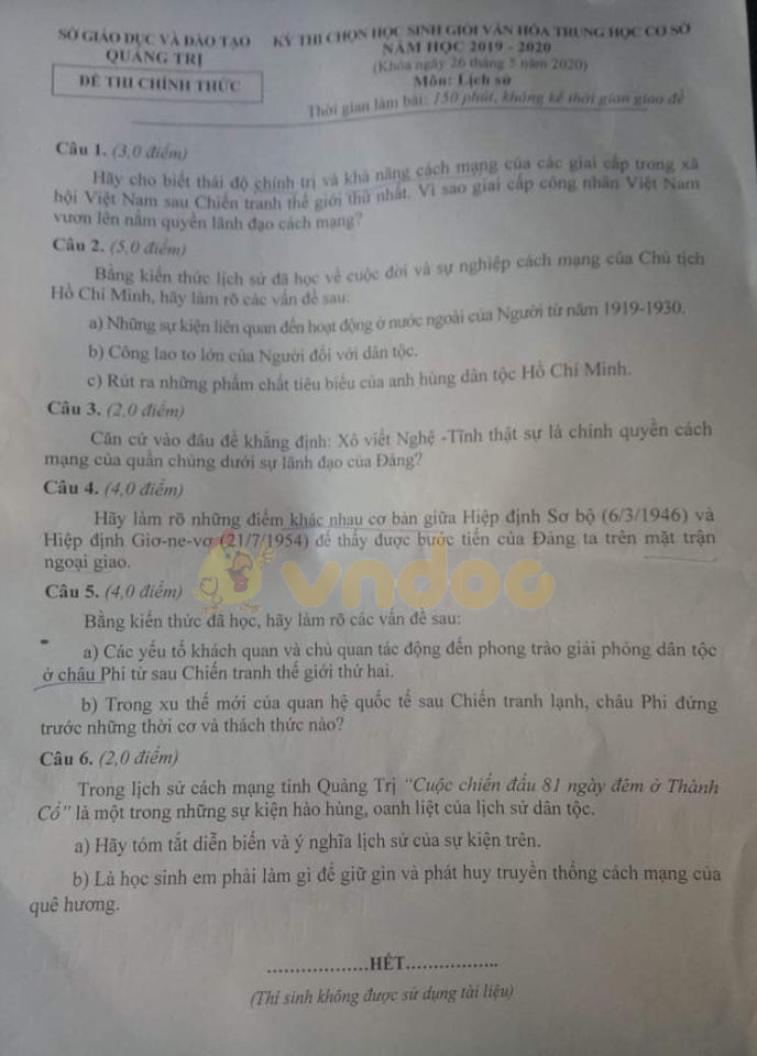 Đề thi chọn học sinh giỏi lớp 9 môn Lịch sử Sở GD&ĐT Quảng Trị năm học 2019 - 2020