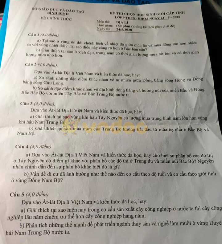 Đề thi học sinh giỏi lớp 9 môn Địa lý Sở GD&ĐT Bình Định năm học 2019 - 2020