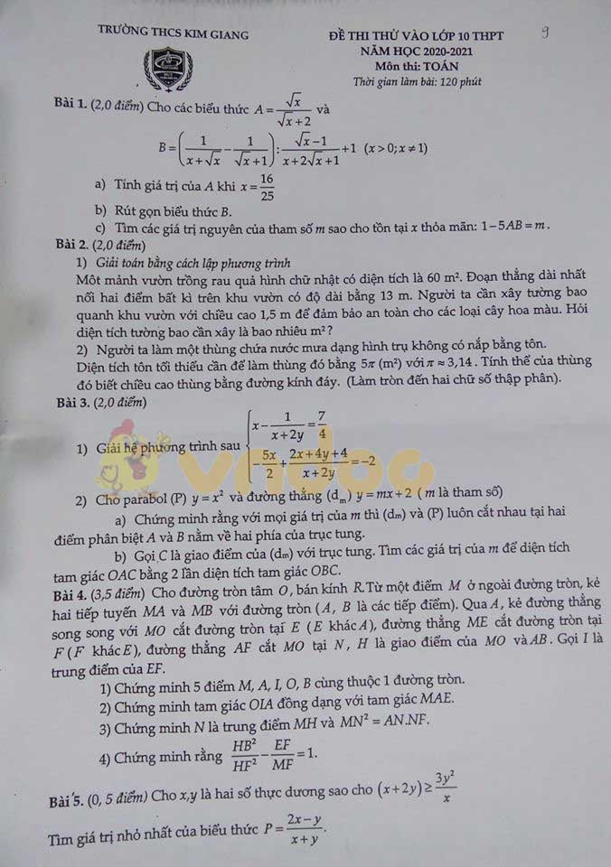 Đề thi thử vào lớp 10 môn Toán Trường THCS Kim Giang, Hà Nội năm học 2020 - 2021