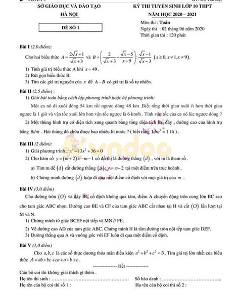 Bộ đề thi thử vào lớp 10 môn Toán năm học 2020 - 2021