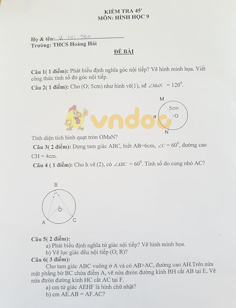 Đề kiểm tra 1 tiết học kì 2 lớp 9 môn Toán Trường THCS Hoàng Hải năm học 2019 - 2020