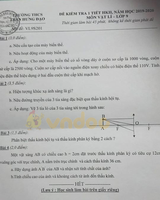 Đề kiểm tra 1 tiết học kì 2 lớp 9 môn Vật lý Trường THCS Trần Hưng Đạo năm học 2019 - 2020