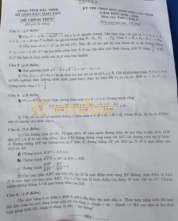 Đề thi chọn học sinh giỏi lớp 9 môn Toán Sở GD&ĐT Bắc Ninh năm học 2019 - 2020