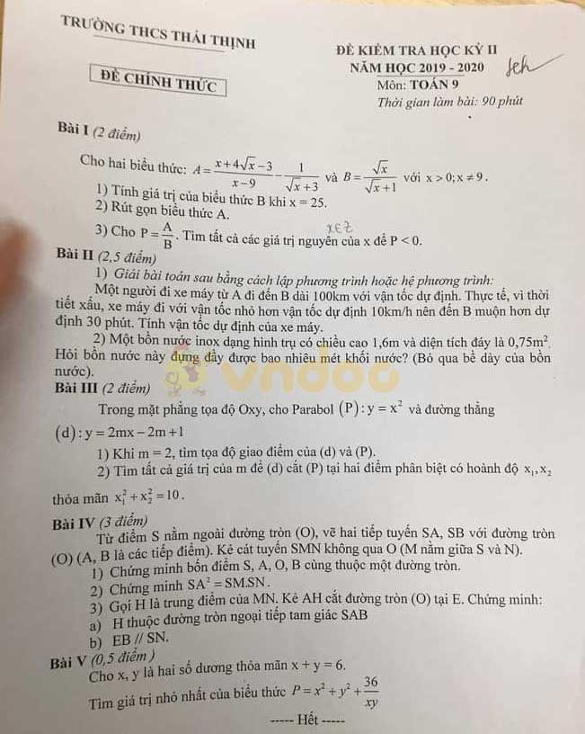 Đề thi học kì 2 lớp 9 môn Toán Trường THCS Thái Thịnh năm học 2019 - 2020