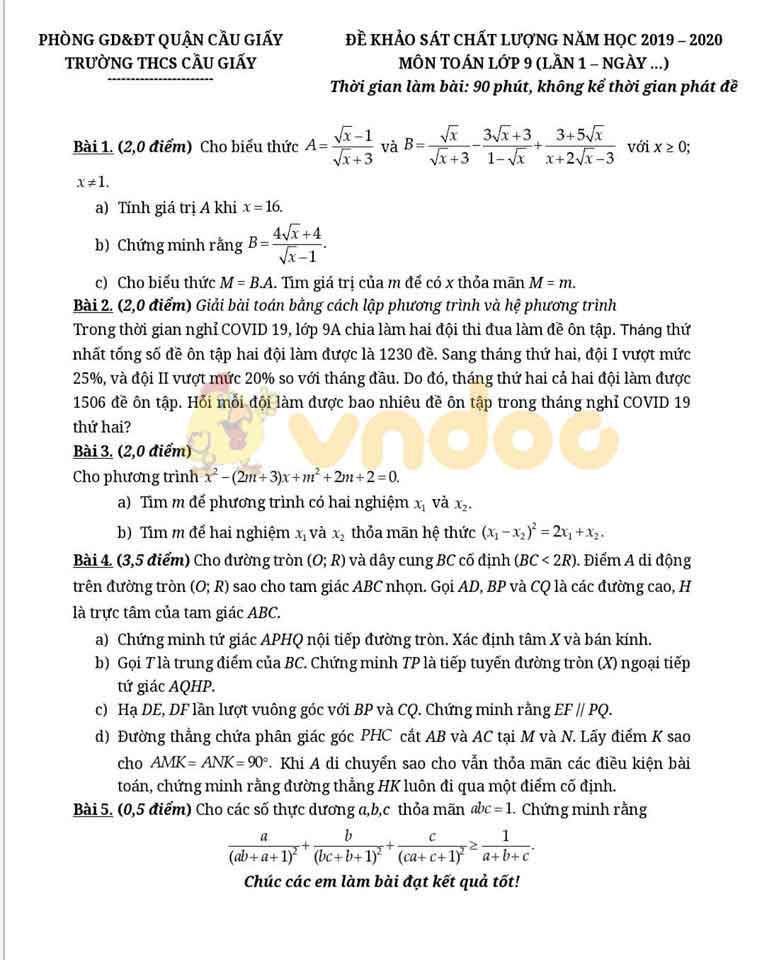 Đề thi KSCL lớp 9 môn Toán Trường THCS Cầu Giấy, Cầu Giấy năm học 2019 - 2020 (lần 1)