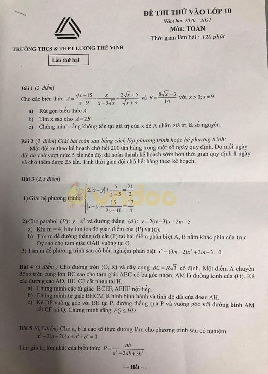 Đề thi thử vào lớp 10 môn Toán trường THCS & THPT Lương Thế Vinh năm học 2020 - 2021 (lần 2)