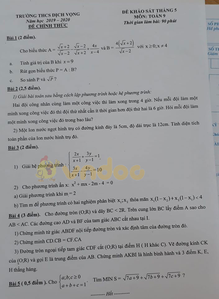 Đề thi khảo sát lớp 9 môn Toán Trường THCS Dịch Vọng năm học 2019 - 2020