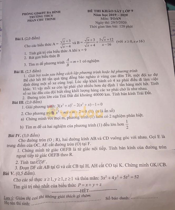 Đề thi khảo sát lớp 9 môn Toán Trường THCS Phan Chu Trinh, Ba Đình năm học 2019 - 2020