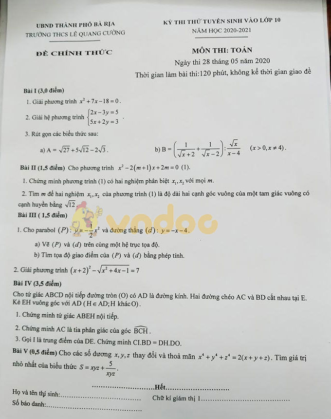 Đề thi thử vào lớp 10 môn Toán Trường THCS Lê Quang Cường, TP Bà Rịa năm học 2020 - 2021