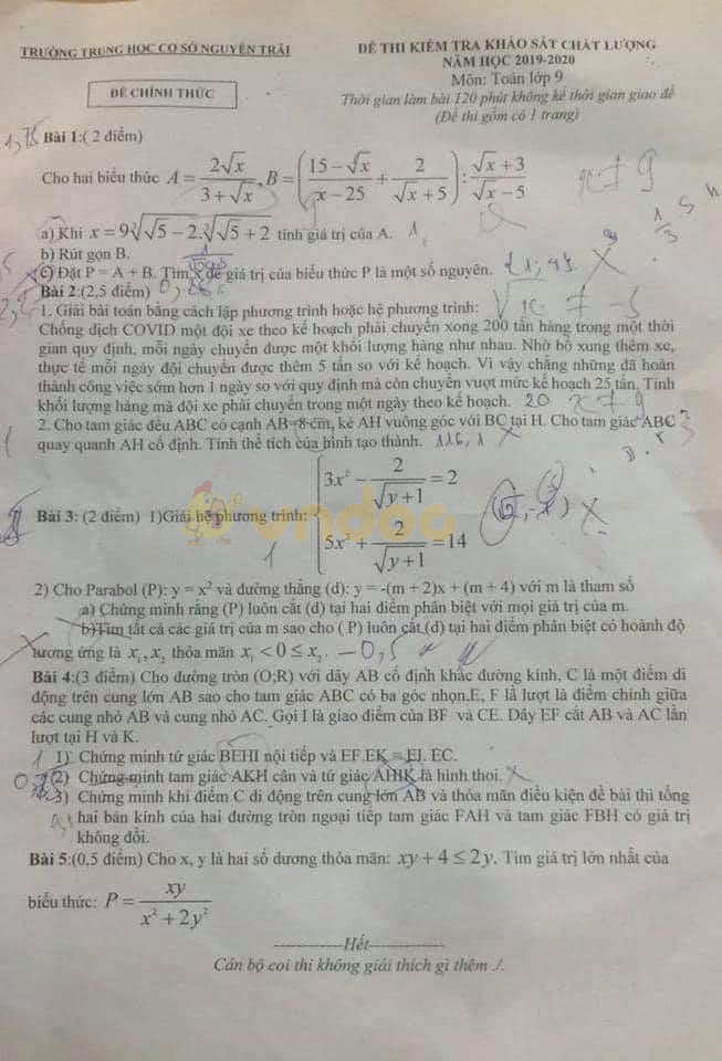 Đề thi khảo sát lớp 9 môn Toán Trường THCS Nguyễn Trãi năm học 2019 - 2020