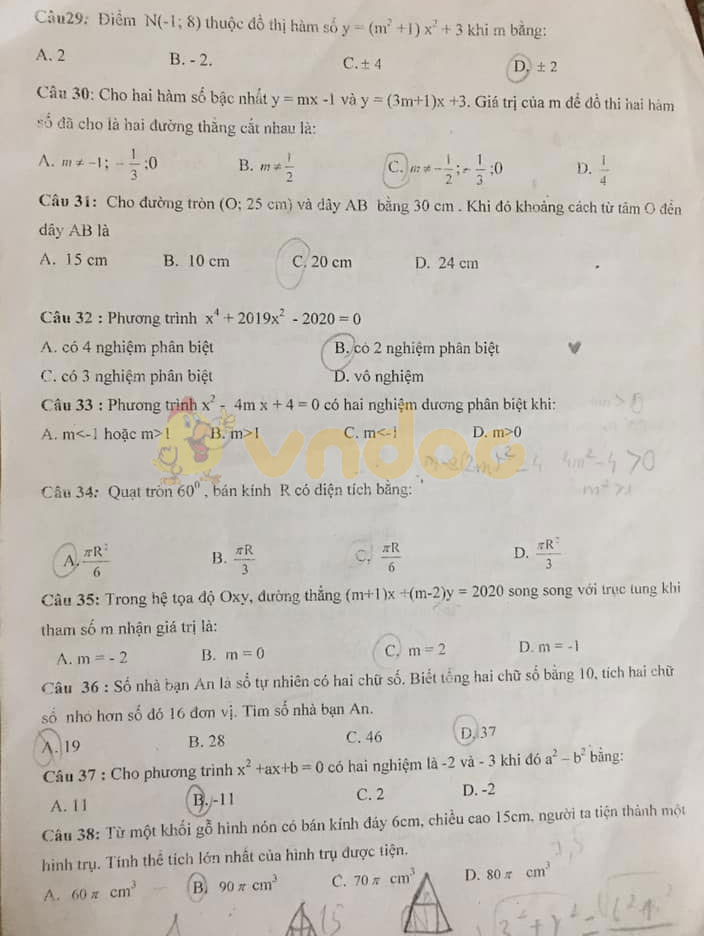 Đề thi khảo sát lớp 9 môn Toán Trường THCS Vĩnh Phúc, Văn Giang năm học 2019 - 2020