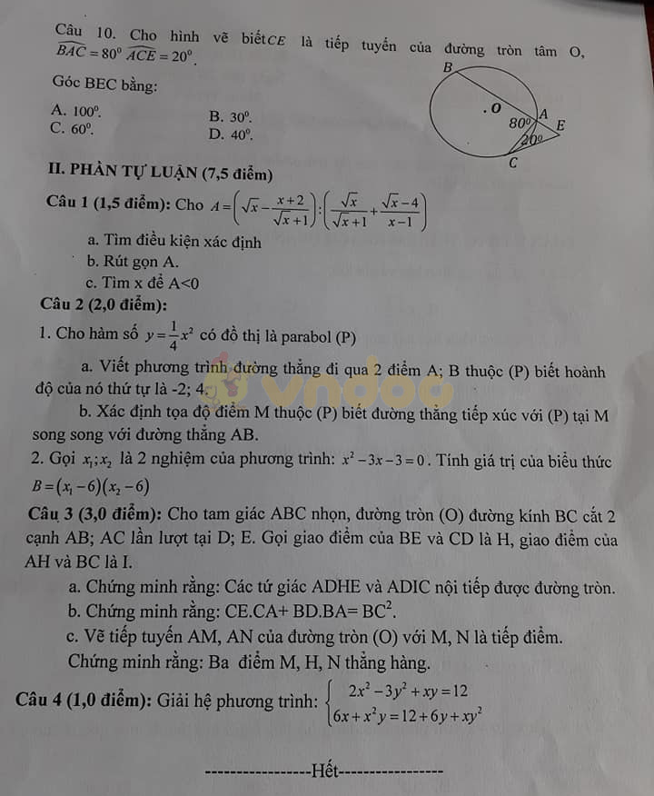Đề thi thử vào lớp 10 môn Toán Sở GD&ĐT Phú Thọ năm học 2020 - 2021