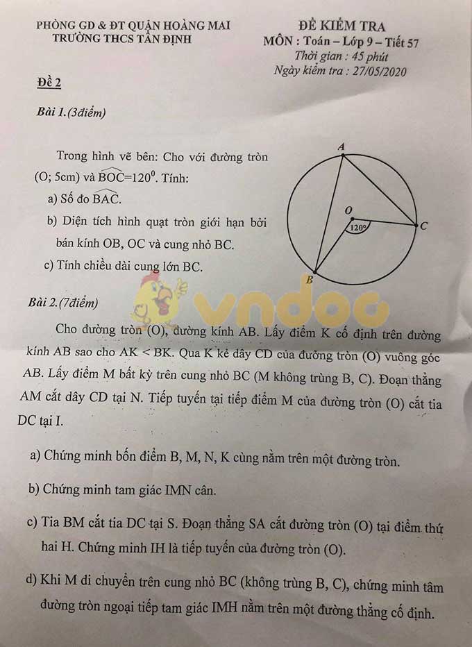 Đề kiểm tra 1 tiết học kì 2 lớp 9 môn Toán Trường THCS Tân Định, Hoàng Mai năm học 2019 - 2020