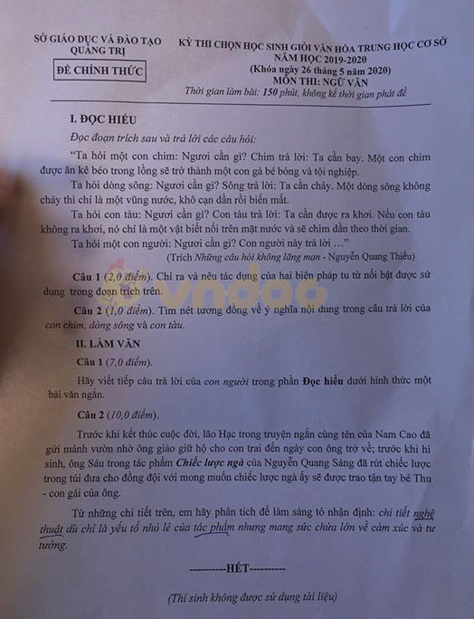 Đề thi chọn học sinh giỏi lớp 9 môn Ngữ văn Sở GD&ĐT Quảng Trị năm học 2019 - 2020