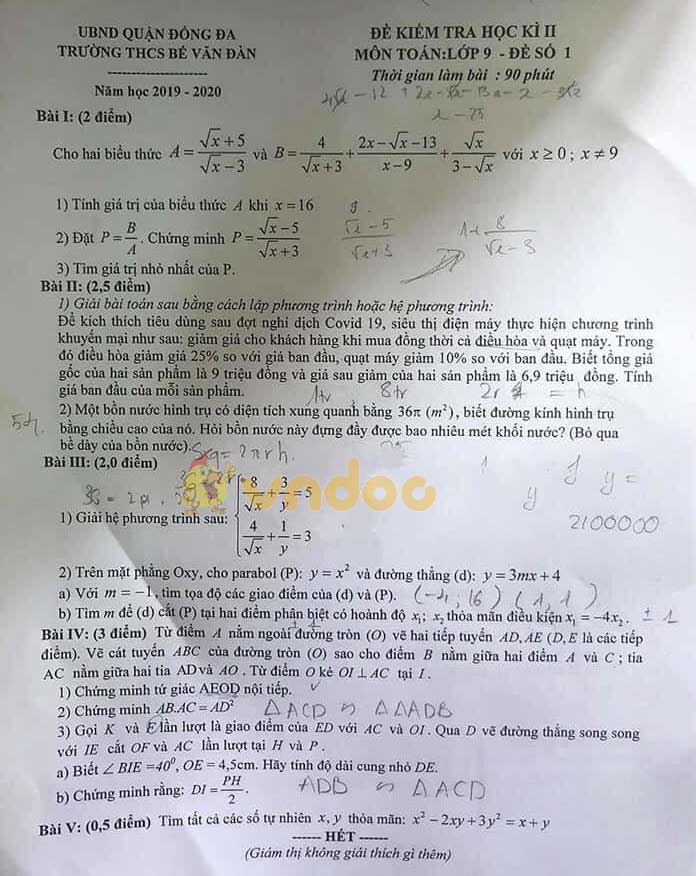 Đề thi học kì 2 lớp 9 môn Toán Trường THCS Bế Văn Đàn, Đống Đa năm học 2019 - 2020 (đề số 1)