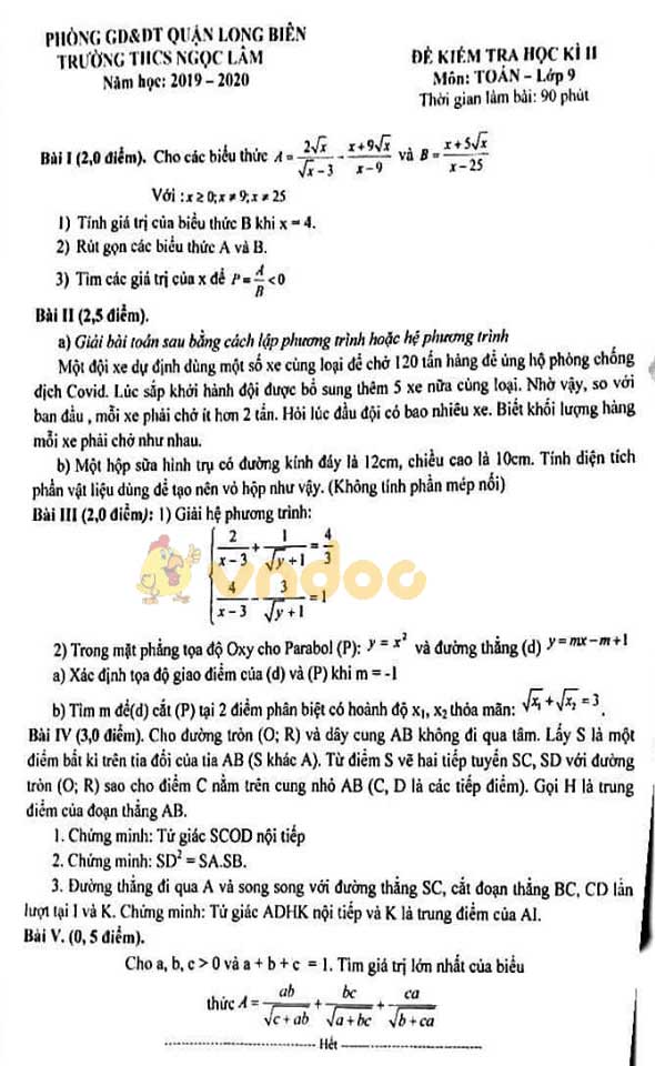 Đề thi học kì 2 lớp 9 môn Toán Trường THCS Ngọc Lâm, Long Biên năm học 2019 - 2020