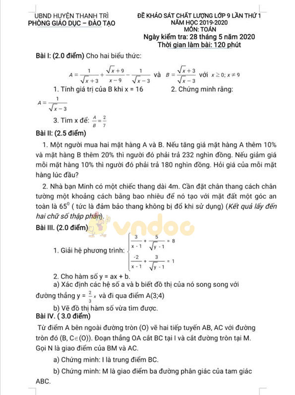 Đề thi KSCL lớp 9 môn Toán Phòng GD&ĐT Thanh Trì năm học 2019 - 2020 (lần 1)