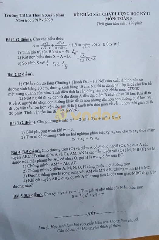 Đề thi KSCL lớp 9 môn Toán Trường THCS Thanh Xuân Nam năm học 2019 - 2020