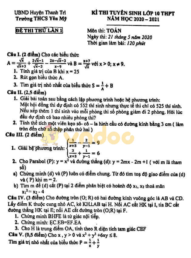 Đề thi thử vào lớp 10 môn Toán Trường THCS Yên Mỹ, Thanh Trì năm học 2020 - 2021 (lần 1)