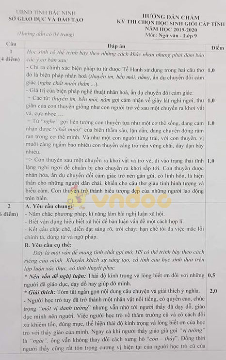 Đề thi chọn học sinh giỏi lớp 9 môn Ngữ văn Sở GD&ĐT Bắc Ninh năm học 2019 - 2020