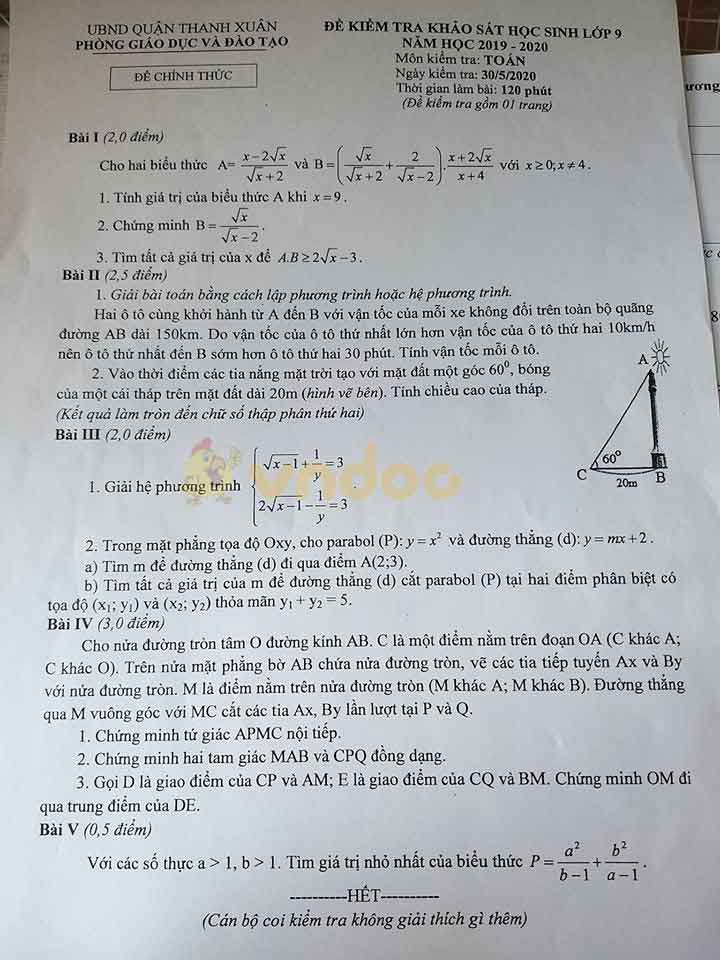 Đề thi KSCL lớp 9 môn Toán Phòng GD&ĐT quận Thanh Xuân năm học 2019 - 2020