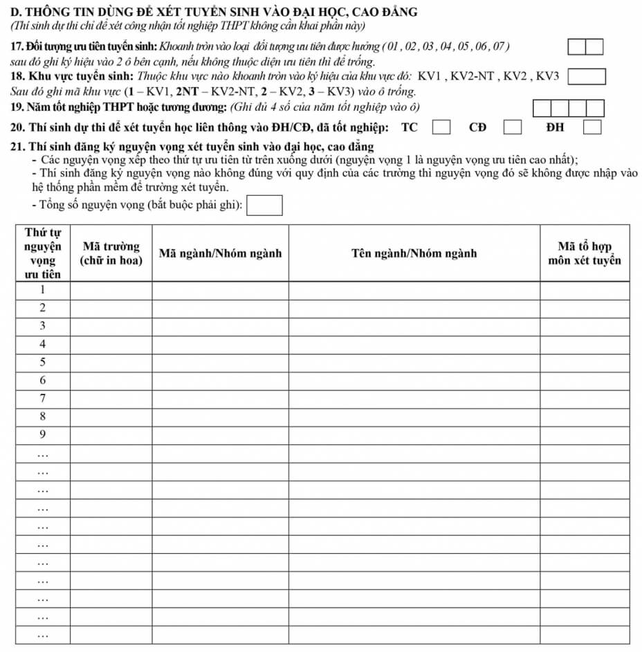 Mẫu phiếu đăng ký xét tuyển Đại học, Cao đẳng năm 2020