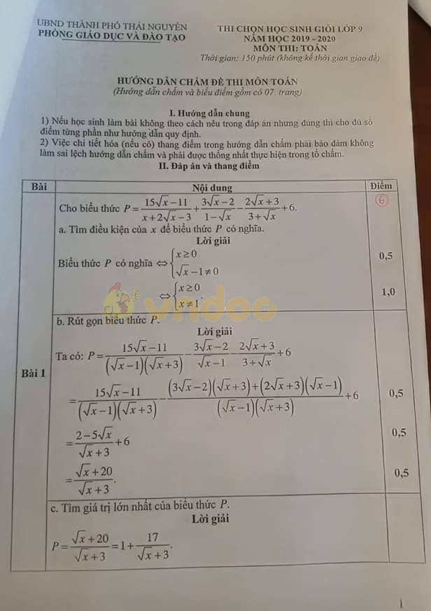 Đề thi chọn học sinh giỏi lớp 9 môn Toán Phòng GD&ĐT Thái Nguên năm học 2019 - 2020