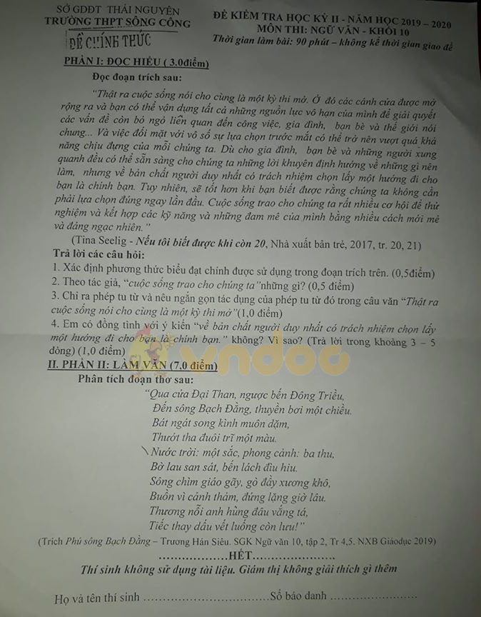 Đề thi học kì 2 lớp 10 môn Ngữ văn Trường THPT Sông Công, Thái Nguyên năm học 2019 - 2020