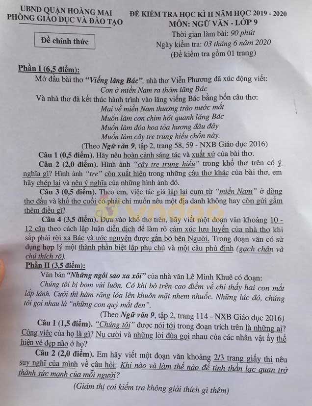 Đề thi học kì 2 lớp 9 môn Ngữ văn Phòng GD&ĐT quận Hoàng Mai năm học 2019 - 2020