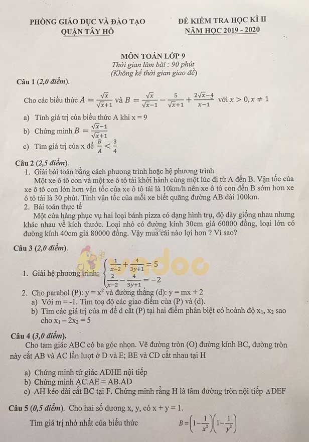 Đề thi học kì 2 lớp 9 môn Toán Phòng GD&ĐT quận Tây Hồ năm học 2019 - 2020