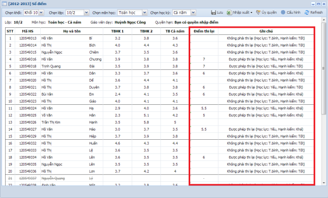 Cách nhập điểm thi lại trên VnEdu