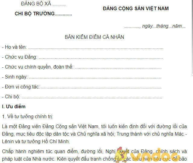 Mẫu bản kiểm điểm cá nhân cuối năm