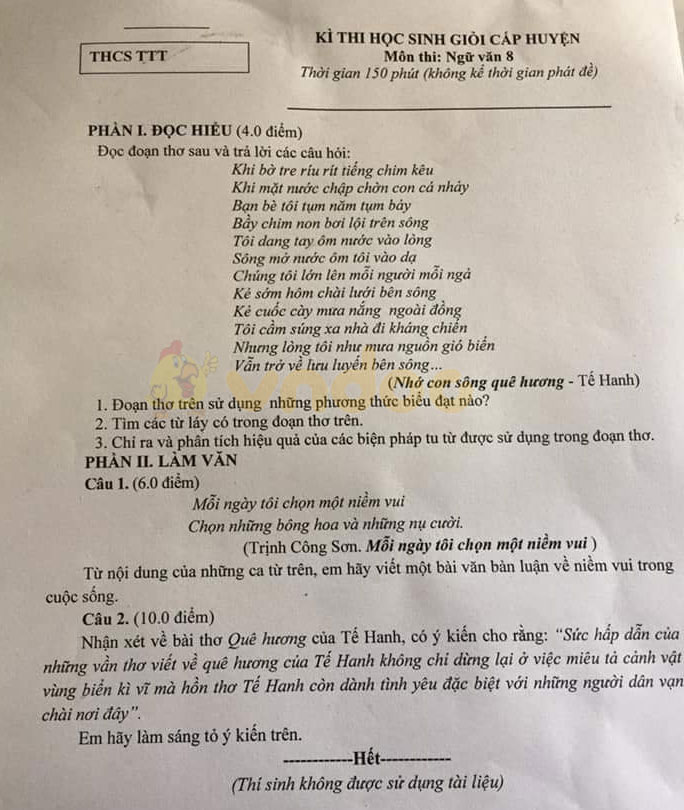 Đề thi chọn học sinh giỏi cấp huyện lớp 8 môn Ngữ văn năm học 2019 - 2020