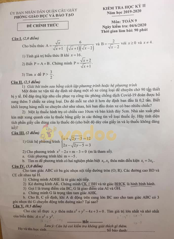 Đề thi học kì 2 lớp 9 môn Toán Phòng GD&ĐT quận Cầu Giấy năm học 2019 - 2020