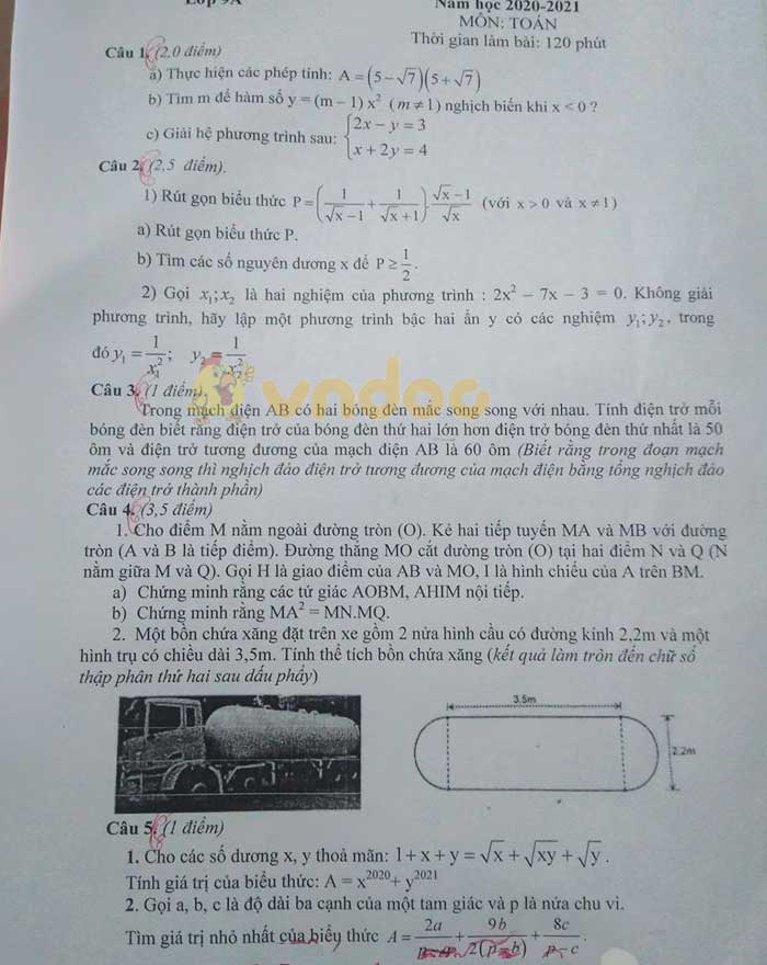 Đề thi thử tổng hợp vào lớp 10 năm 2020 tỉnh Ninh Bình