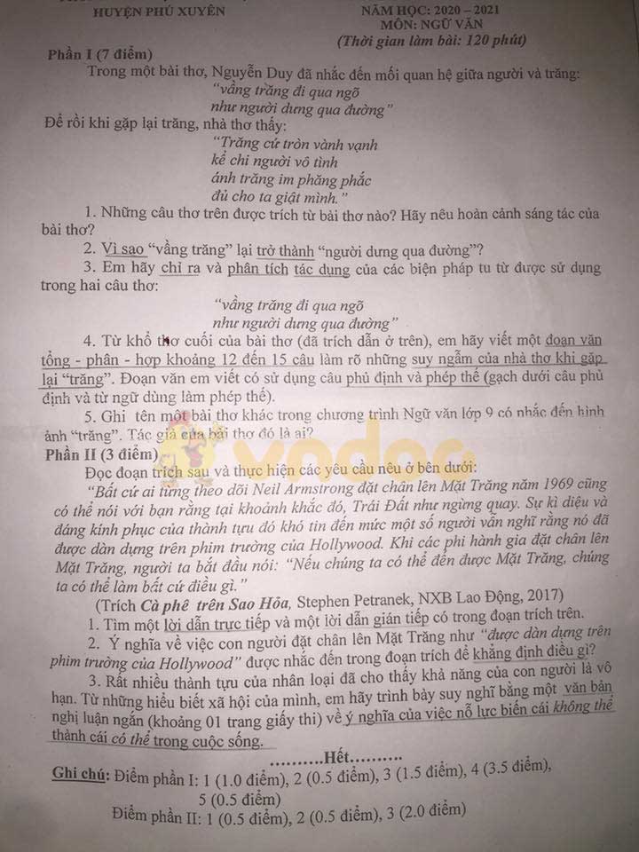 Đề thi thử vào lớp 10 môn Ngữ văn Phòng GD&ĐT huyện Phú Xuyên năm học 2020 - 2021