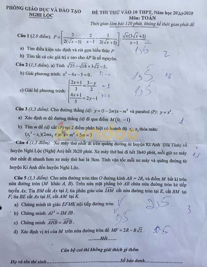 Đề thi thử vào lớp 10 môn Toán Phòng GD&ĐT Nghi Lộc năm học 2020 - 2021