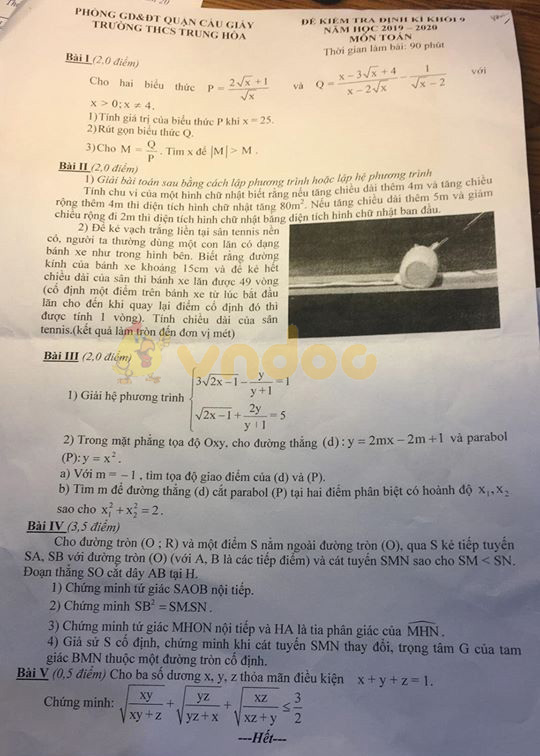Đề kiểm tra định kì lớp 9 môn Toán trường THCS Trung Hòa, Cầu Giấy năm học 2019 - 2020