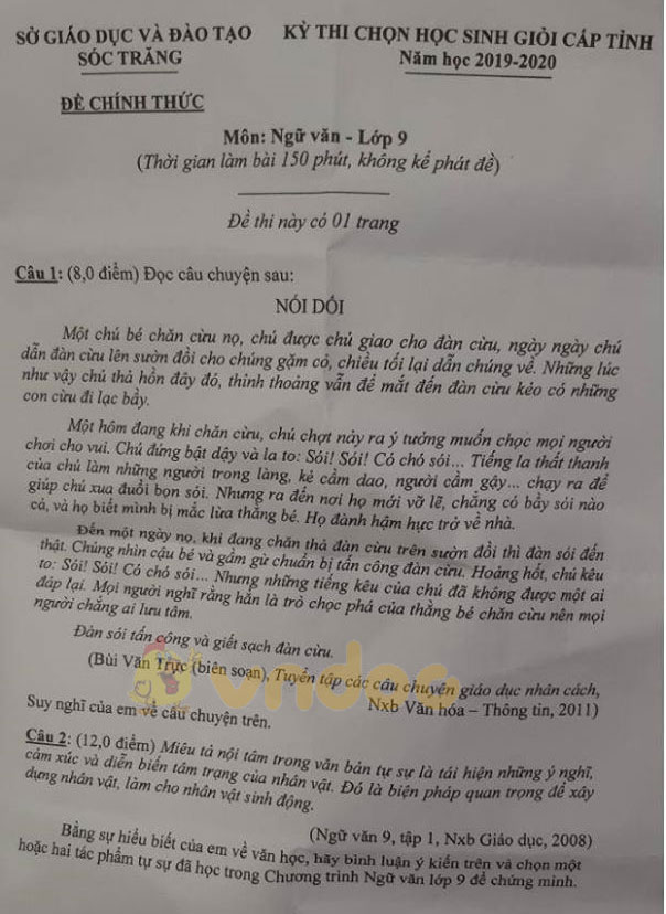 Đề thi chọn học sinh giỏi cấp tỉnh lớp 9 môn Ngữ văn Sở GD&ĐT Sóc Trăng năm học 2019 - 2020