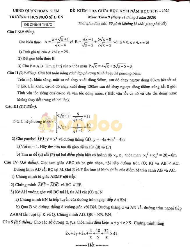 Đề thi giữa học kì 2 lớp 9 môn Toán Trường THCS Ngô Sĩ Liên, Hoàn Kiếm năm học 2019 - 2020