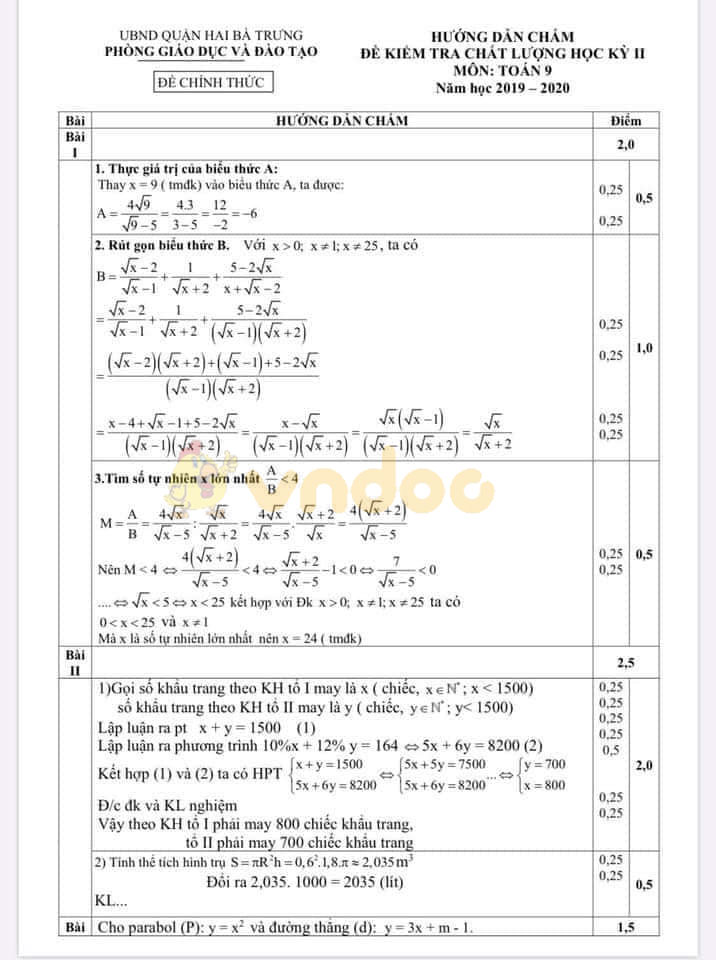 Đề thi học kì 2 lớp 9 môn Toán Phòng GD&ĐT quận Hai Bà Trưng năm học 2019 - 2020